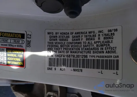 2009 Honda Civic Ex z USA, uszkodzony, nr VIN 1HGFA16879L001296